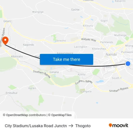 City Stadium/Lusaka Road Junctn to Thogoto map