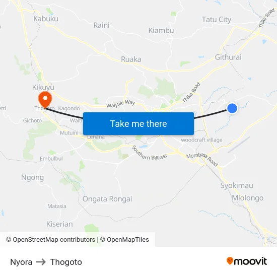 Nyora to Thogoto map