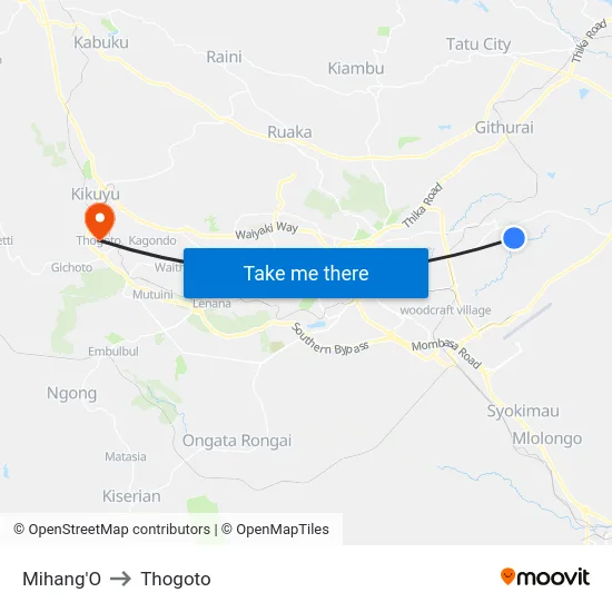 Mihang'O to Thogoto map