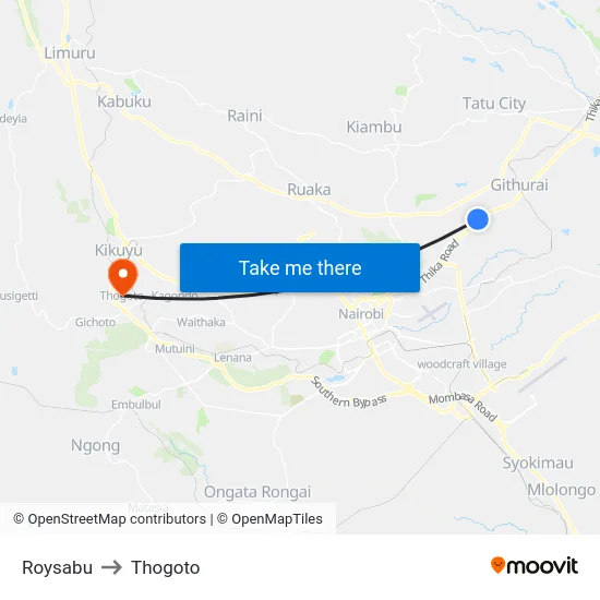 Roysabu to Thogoto map
