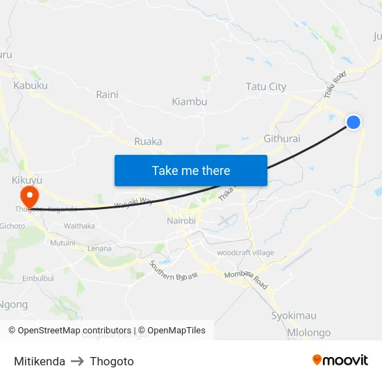 Mitikenda to Thogoto map
