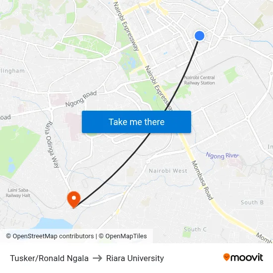 Tusker/Ronald Ngala to Riara University map