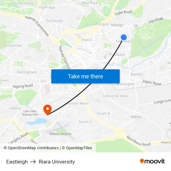 Eastleigh to Riara University map