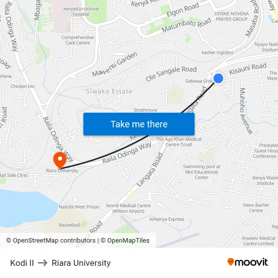 Kodi II to Riara University map