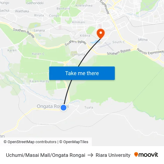 Uchumi/Masai Mall/Ongata Rongai to Riara University map