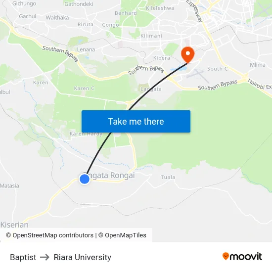 Baptist to Riara University map