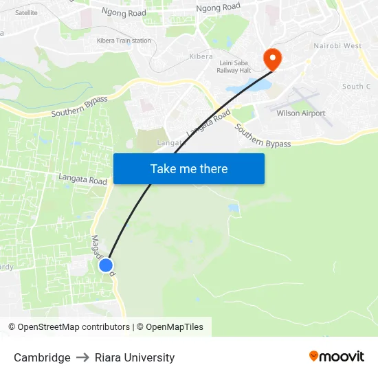Cambridge to Riara University map