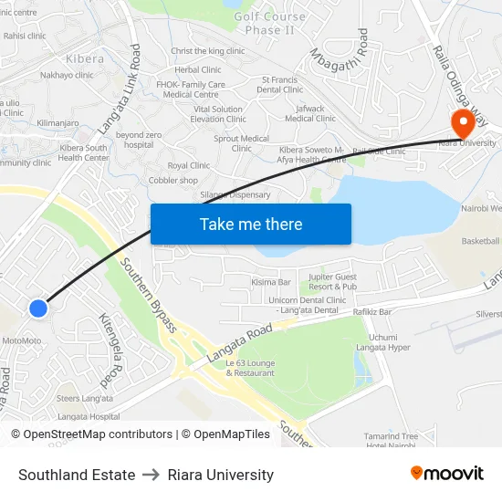 Southland Estate to Riara University map
