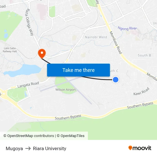 Mugoya to Riara University map