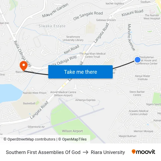Southern First Assemblies Of God to Riara University map