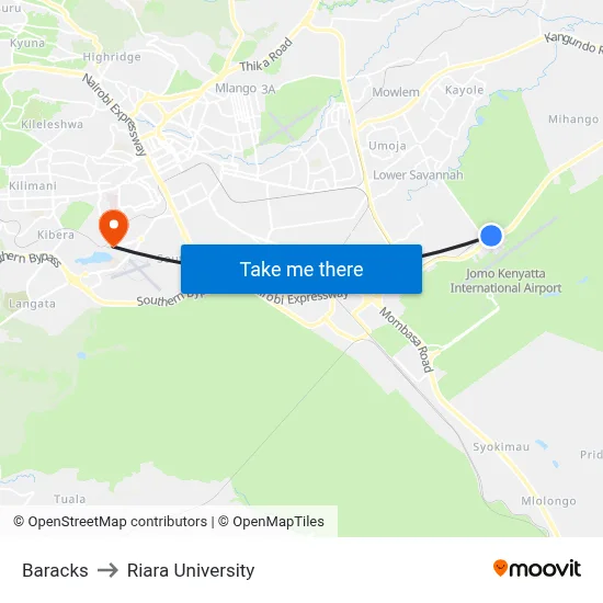 Baracks to Riara University map