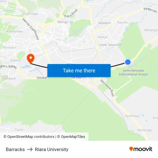Barracks to Riara University map