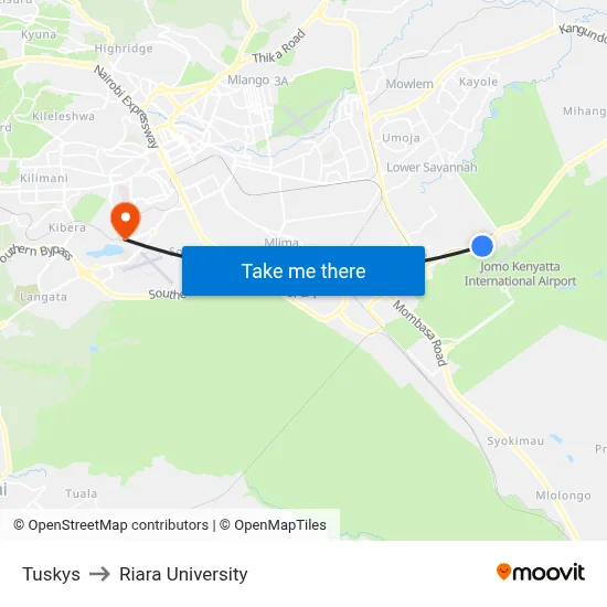 Tuskys to Riara University map