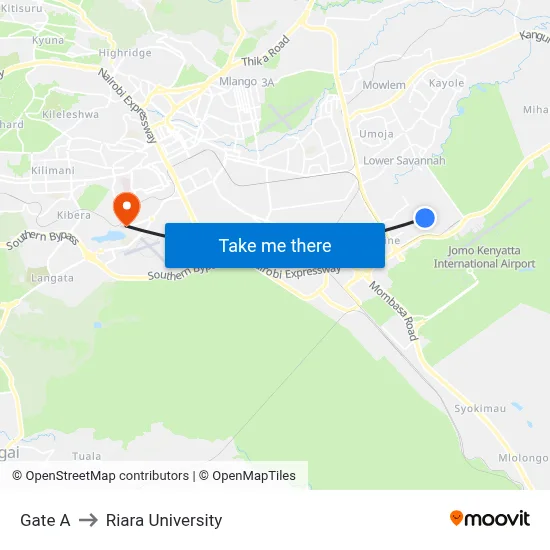 Gate A to Riara University map