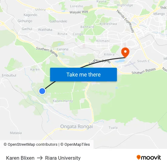 Karen Blixen to Riara University map