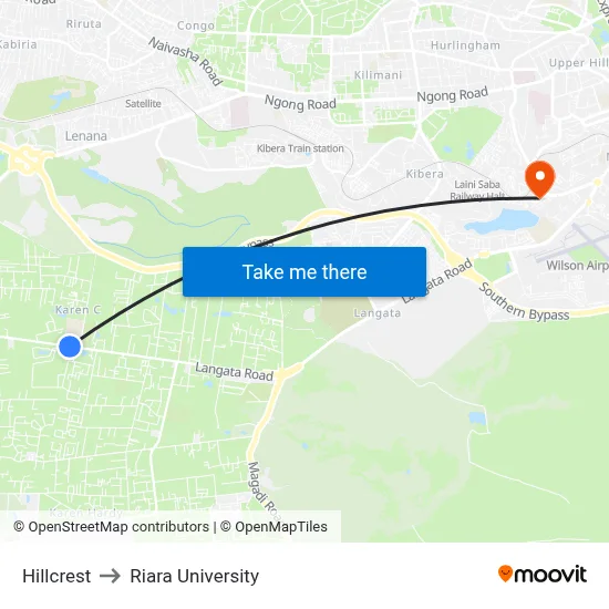 Hillcrest to Riara University map