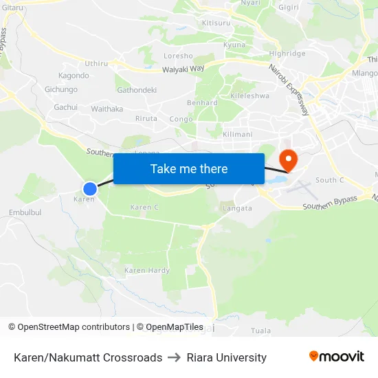 Karen/Nakumatt Crossroads to Riara University map