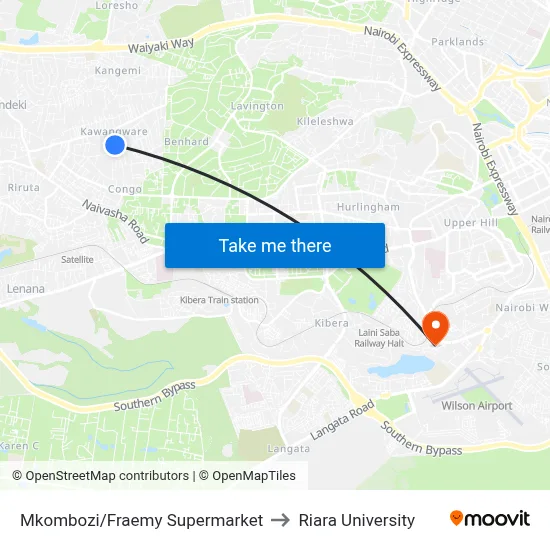 Mkombozi/Fraemy Supermarket to Riara University map
