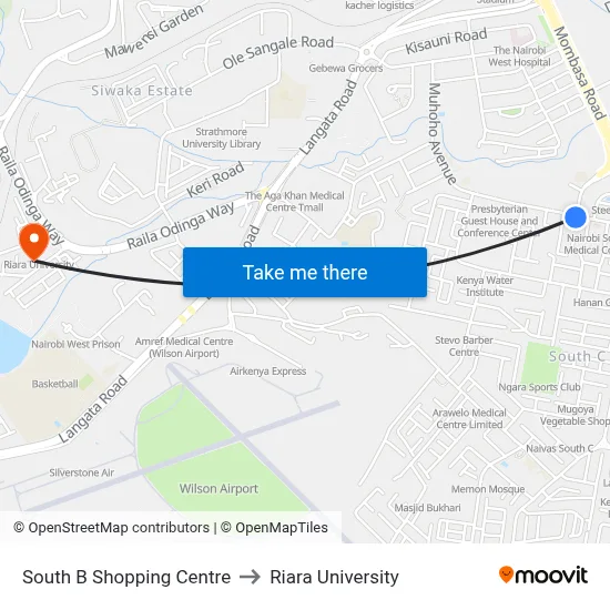 South B Shopping Centre to Riara University map