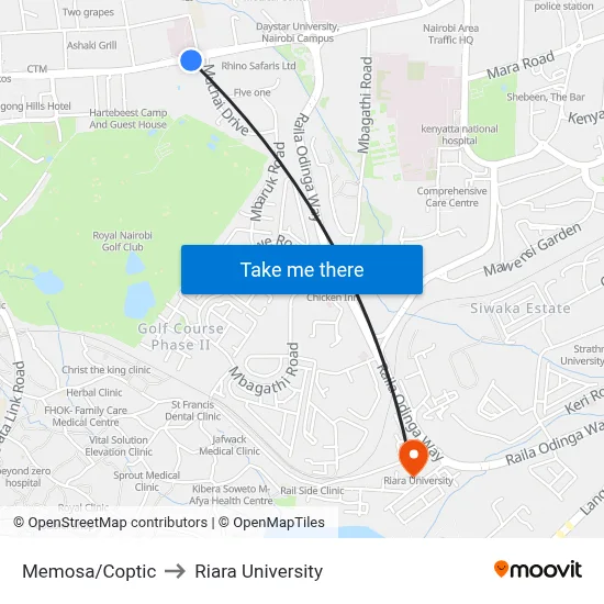 Memosa/Coptic to Riara University map