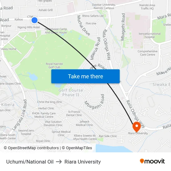 Uchumi/National Oil to Riara University map