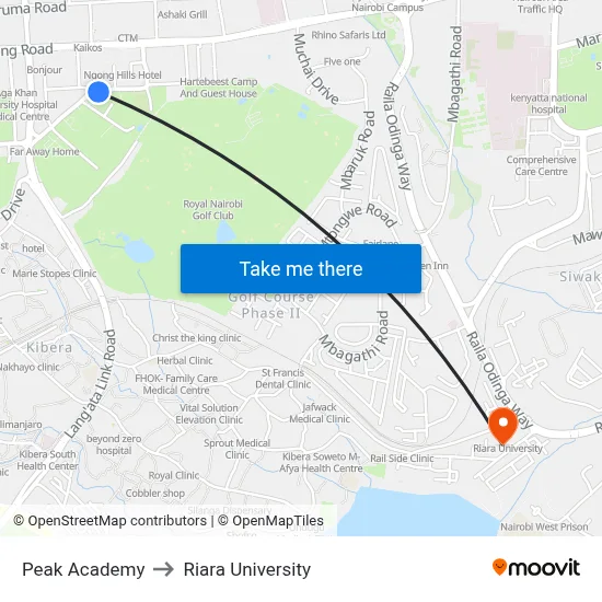 Peak Academy to Riara University map