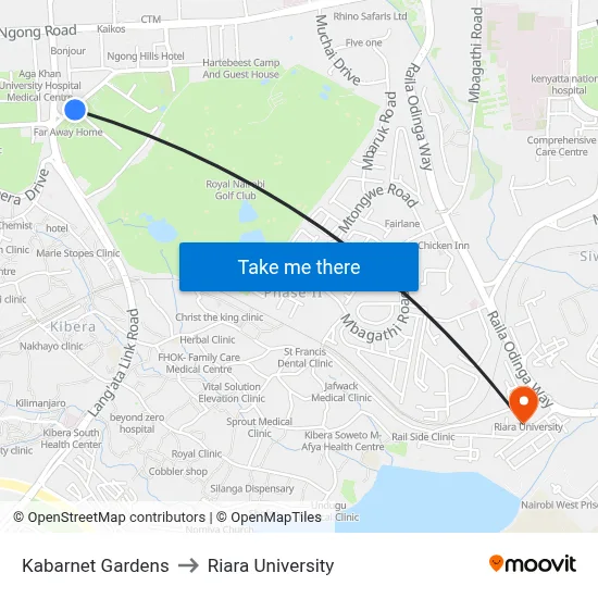 Kabarnet Gardens to Riara University map