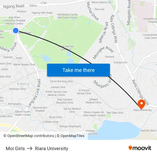 Moi Girls to Riara University map