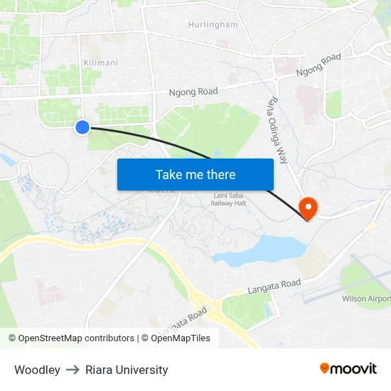 Woodley to Riara University map