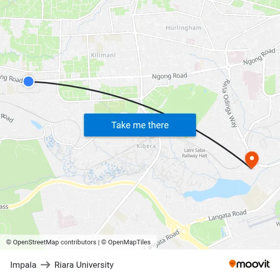 Impala to Riara University map