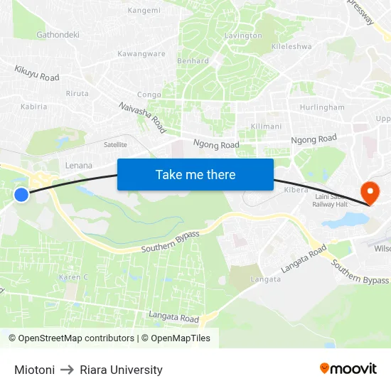 Miotoni to Riara University map