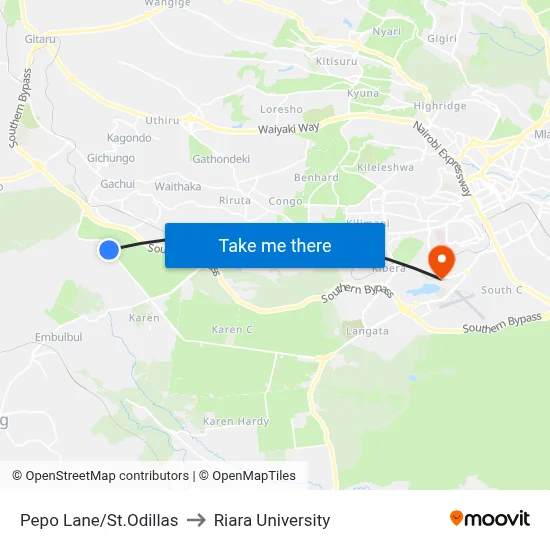 Pepo Lane/St.Odillas to Riara University map