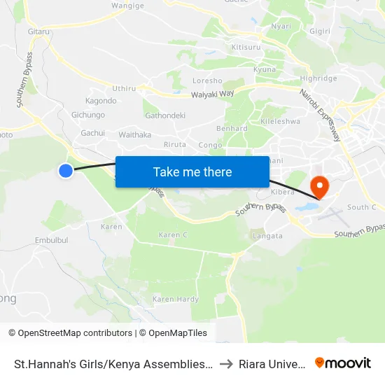 St.Hannah's Girls/Kenya Assemblies Of God to Riara University map
