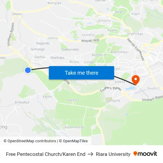 Free Pentecostal Church/Karen End to Riara University map