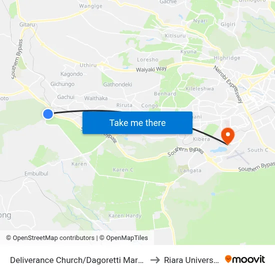 Deliverance Church/Dagoretti Market to Riara University map