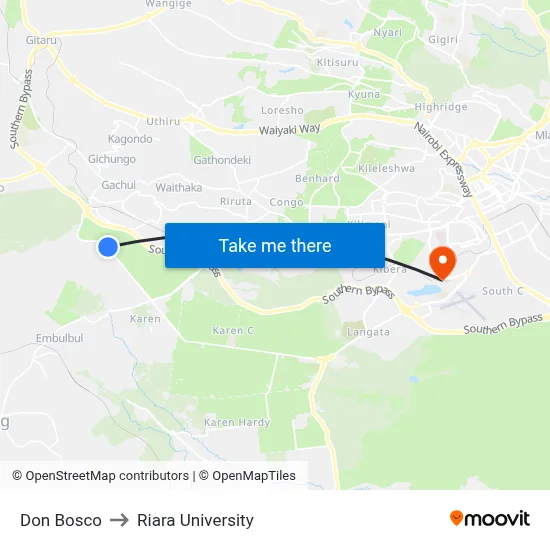 Don Bosco to Riara University map