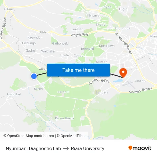 Nyumbani Diagnostic Lab to Riara University map
