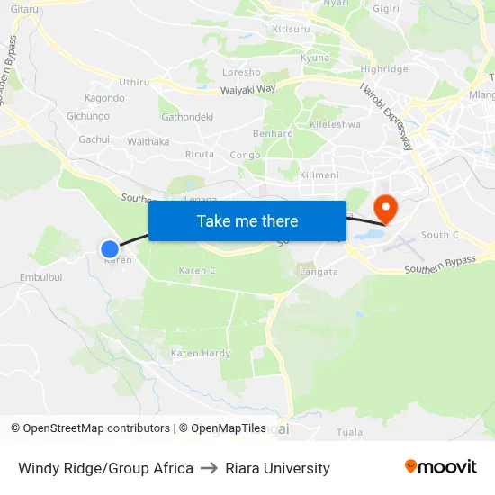 Windy Ridge/Group Africa to Riara University map