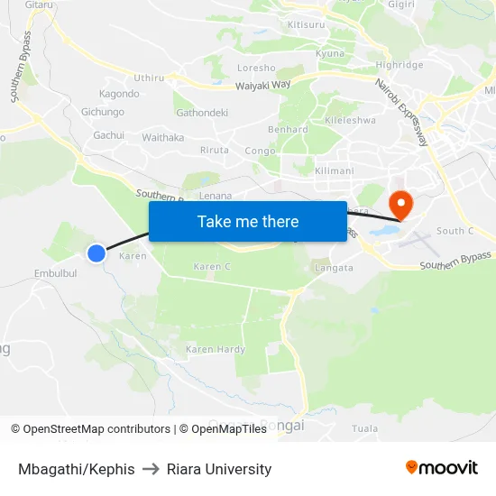 Mbagathi/Kephis to Riara University map