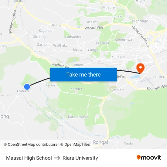 Maasai High School to Riara University map