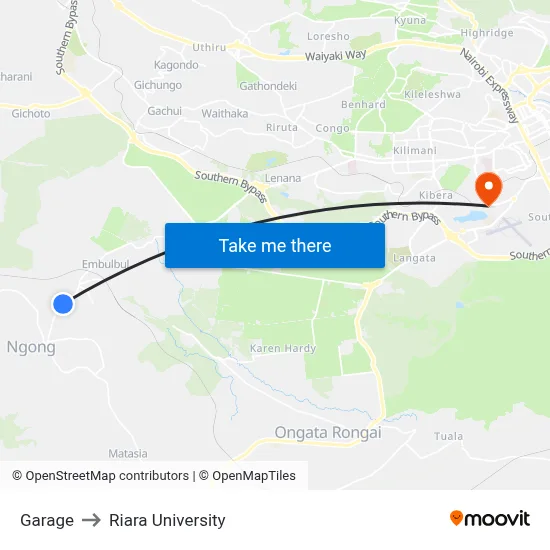 Garage to Riara University map