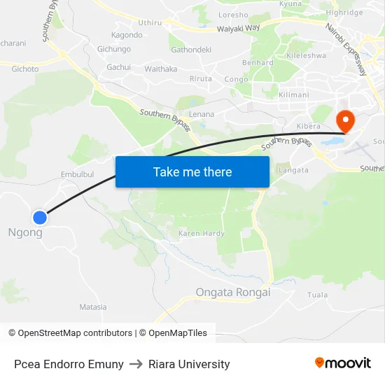 Pcea Endorro Emuny to Riara University map