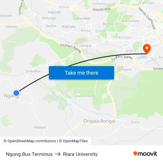 Ngong Bus Terminus to Riara University map