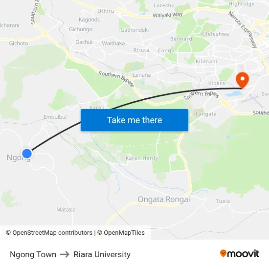 Ngong Town to Riara University map