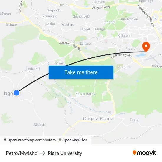 Petro/Mwisho to Riara University map