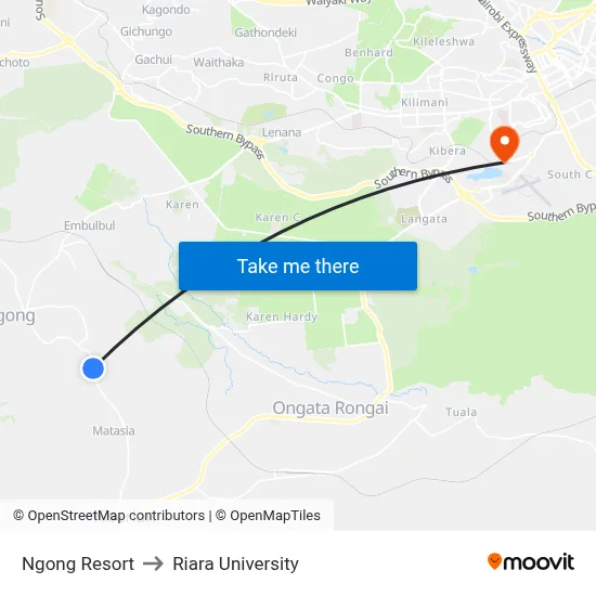 Ngong Resort to Riara University map