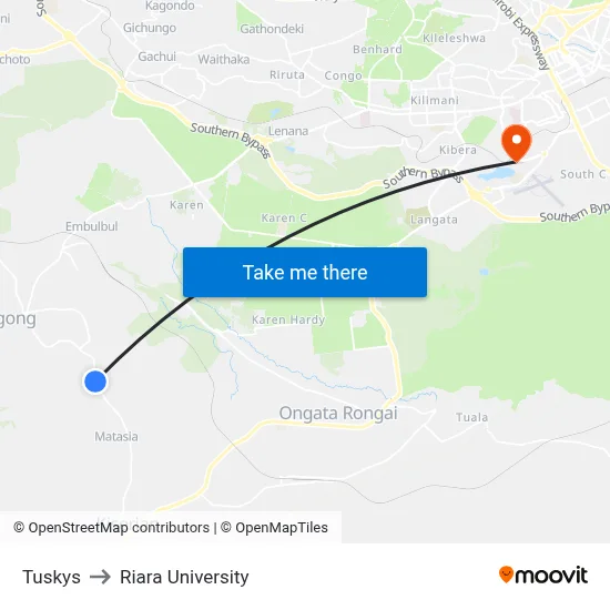 Tuskys to Riara University map