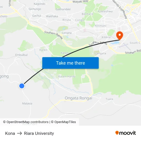 Kona to Riara University map