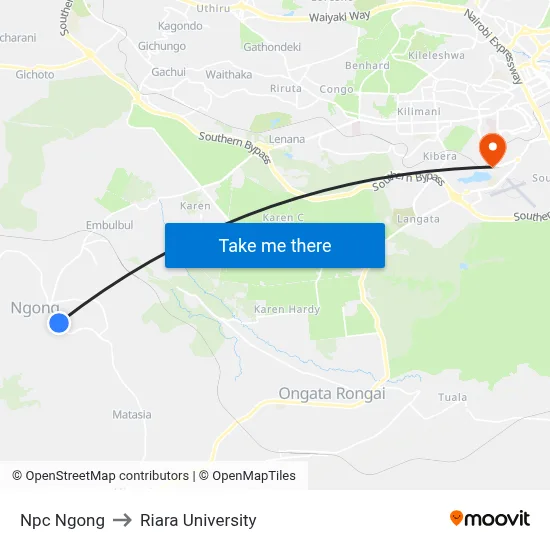Npc Ngong to Riara University map
