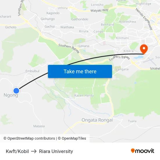 Kwft/Kobil to Riara University map